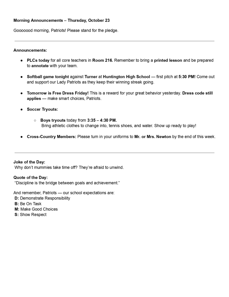 Morning Announcements - October 23