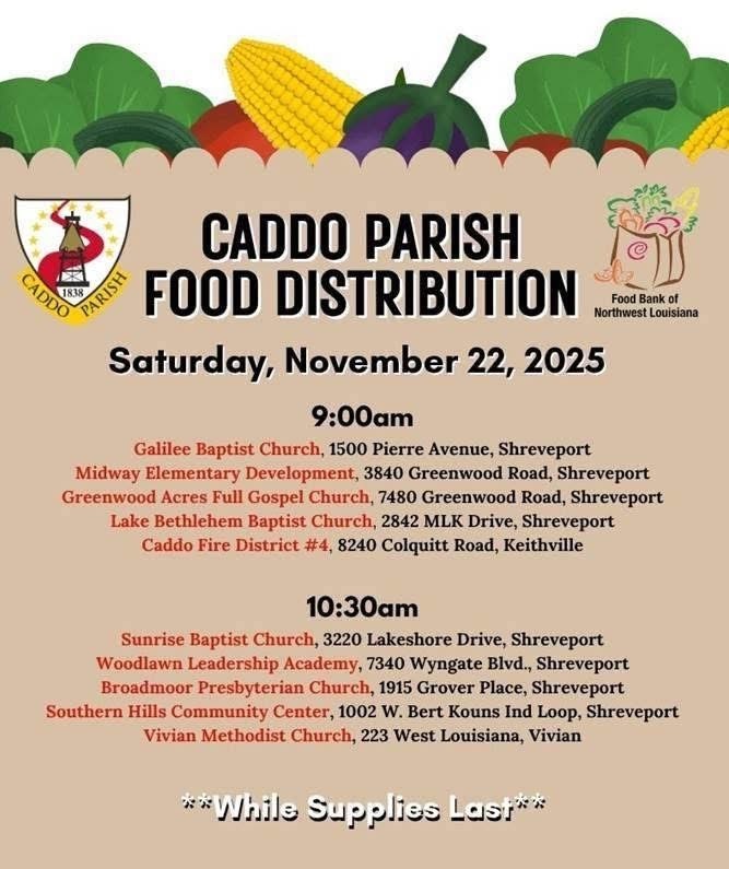 Caddo Parish Food Distribution Saturday November 22, 2025