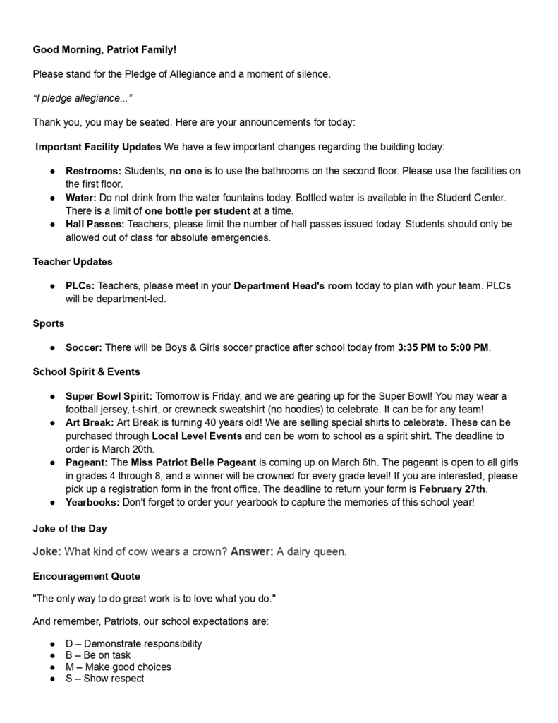 Morning Announcements Feb 5th