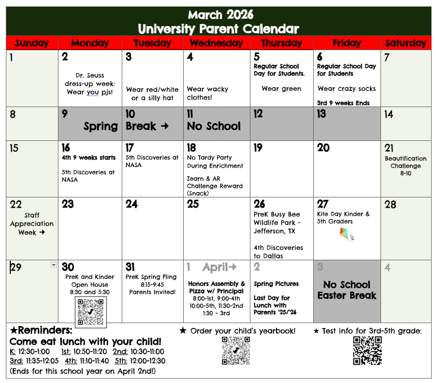 March Parent Calendar