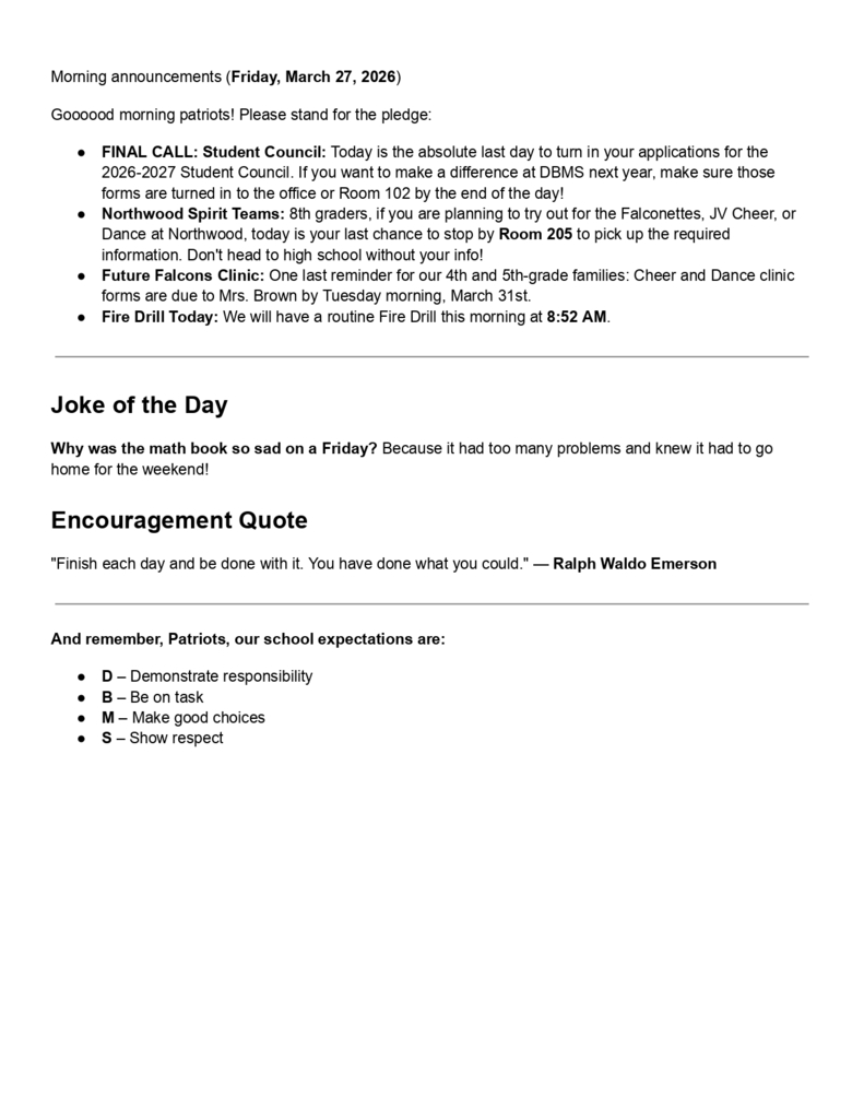 Morning Announcements - March 27 