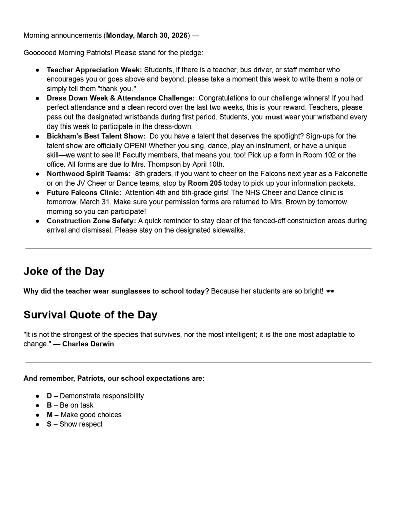 Morning Announcements - March 30