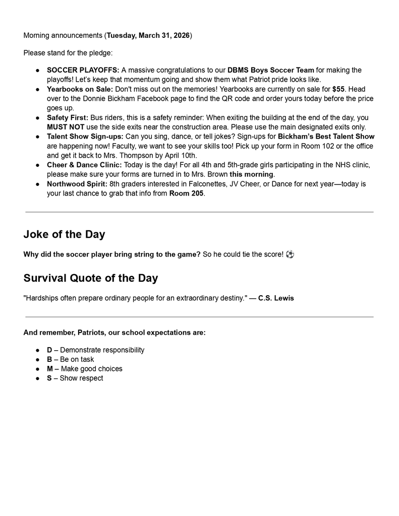 Morning Announcements - March 31