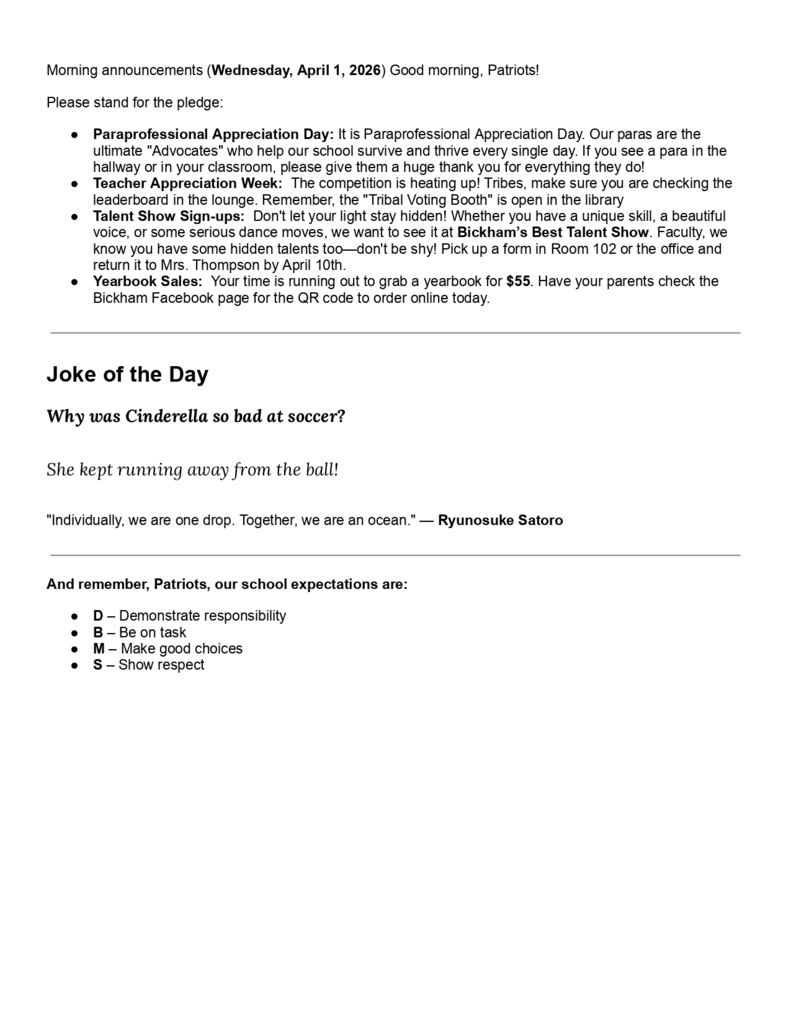 Morning Announcements - April 1