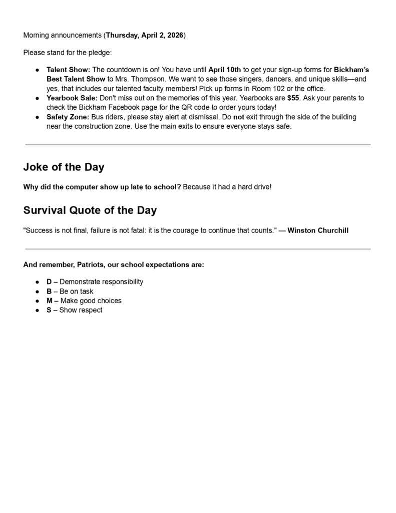 Morning Announcements - April 2