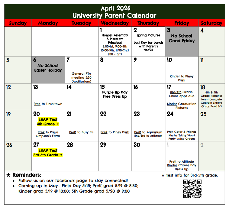 April Parent Calendar