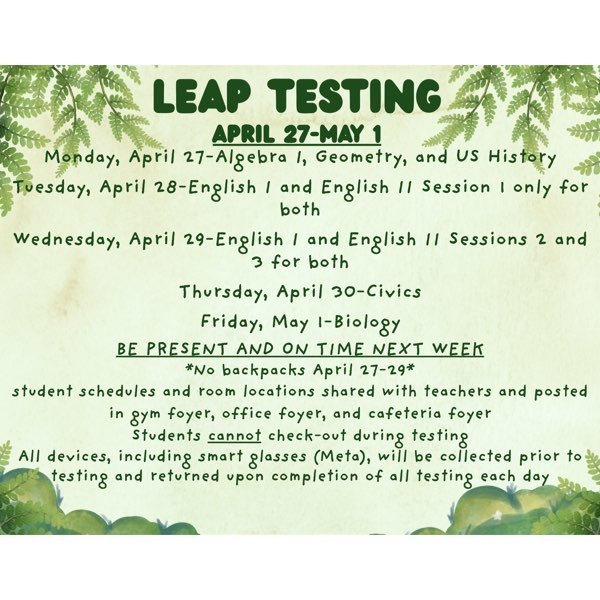 LEAP Testing schedule