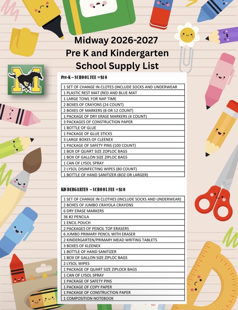 Midway 2026-2027 Pre K and Kindergarten School Supply List