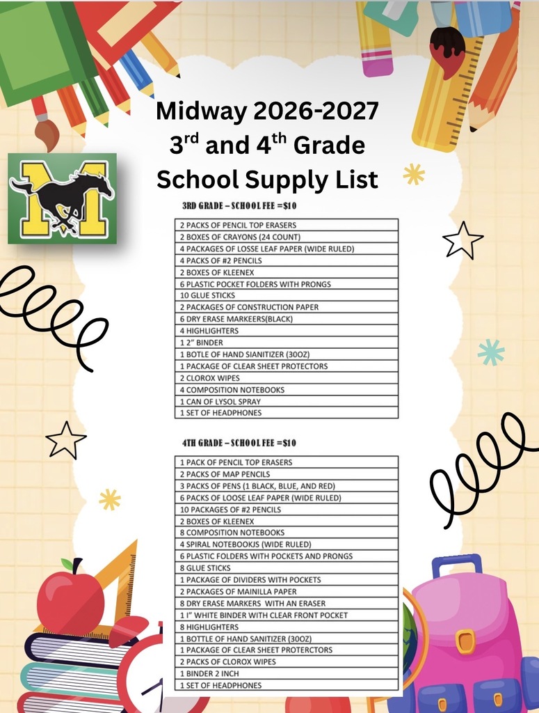 Midway 2026-2027 3rd Grade and 4th Grade School Supply List