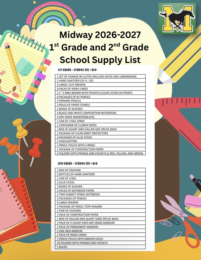 Midway 2026-2027 1st Grade and 2nd Grade School Supply List