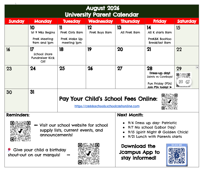 August Parent Calendar