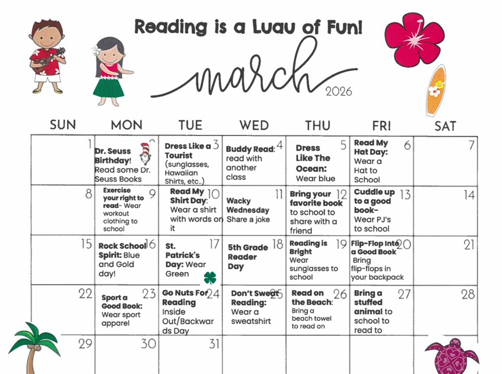 Calendar with specific reading content and dress up days