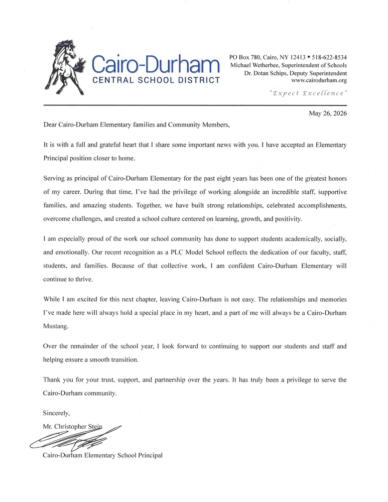 Important Announcement from CDES Principal, Mr. Chris Stein