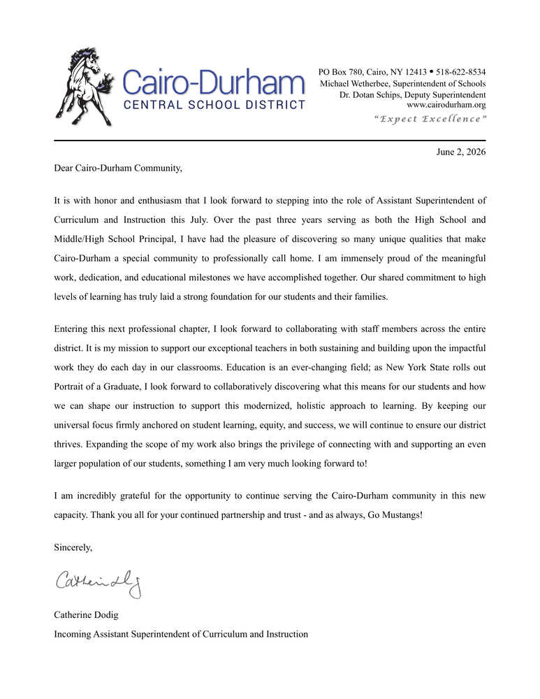 Important Message from CDMS/HS Principal Catherine Dodig