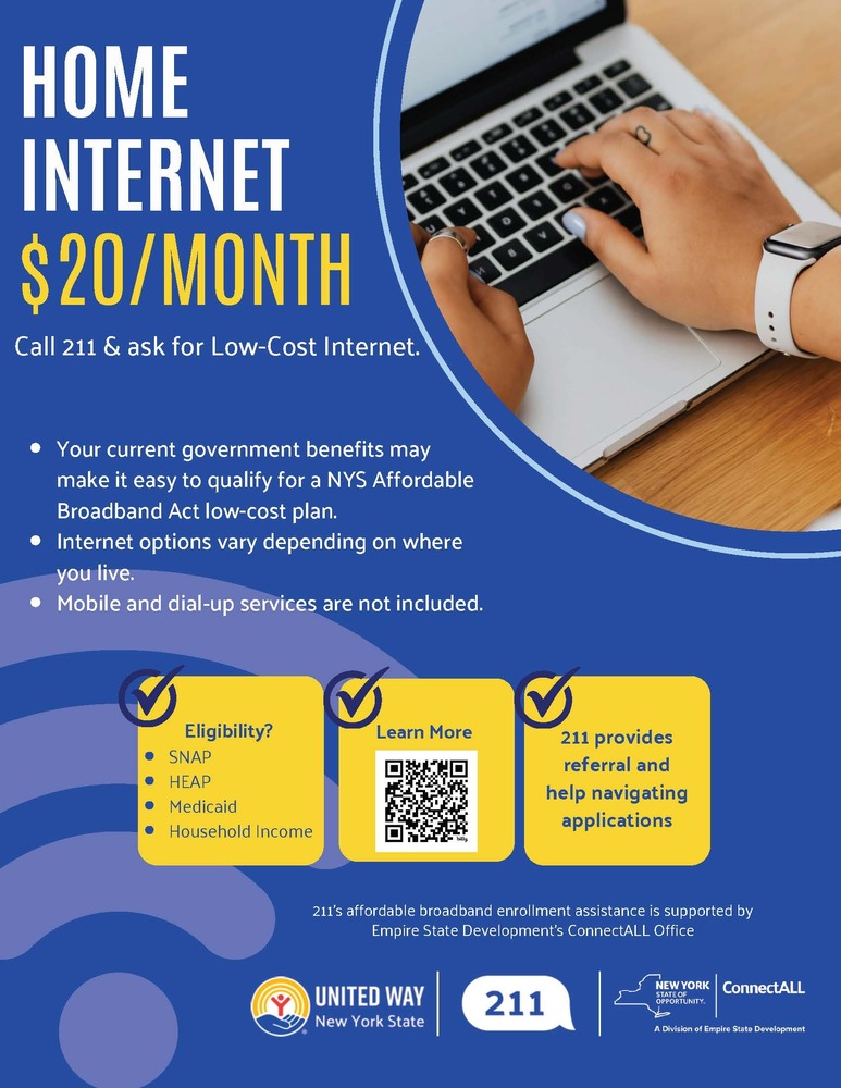 Home internet $20/month- call 211 and ask for low-cost internet.