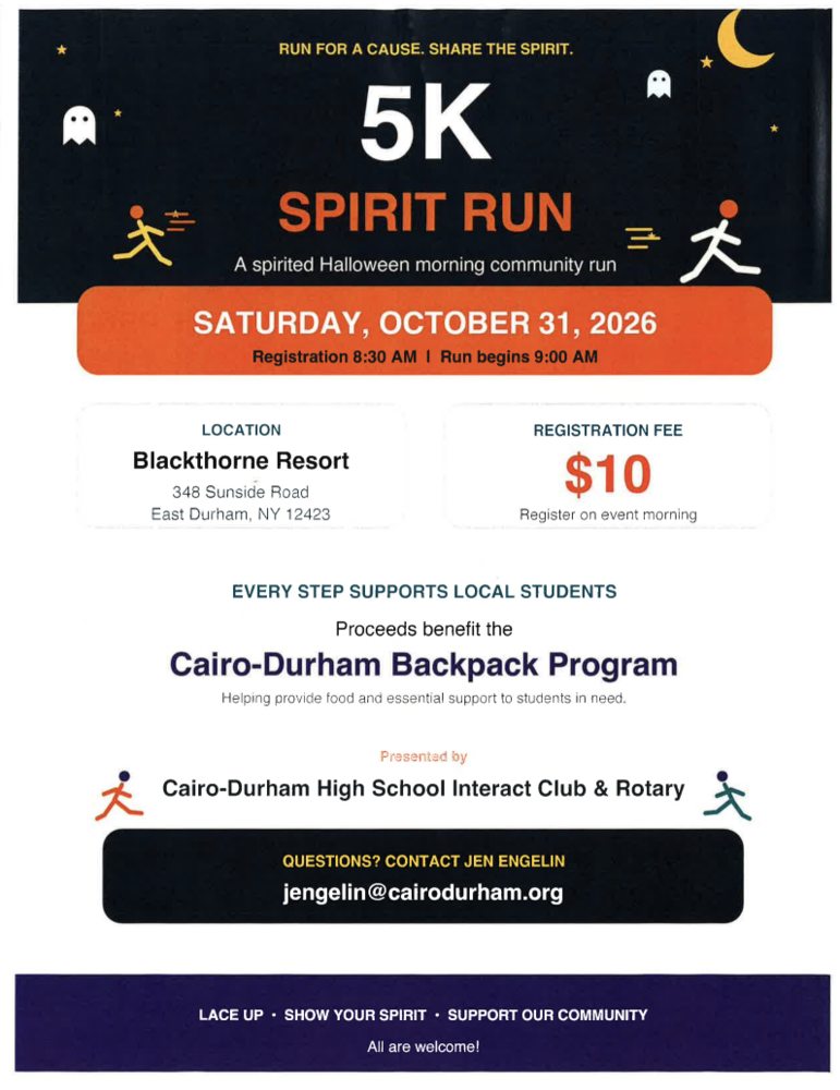 5K spirit run on 10/31/26. Registration is $10.