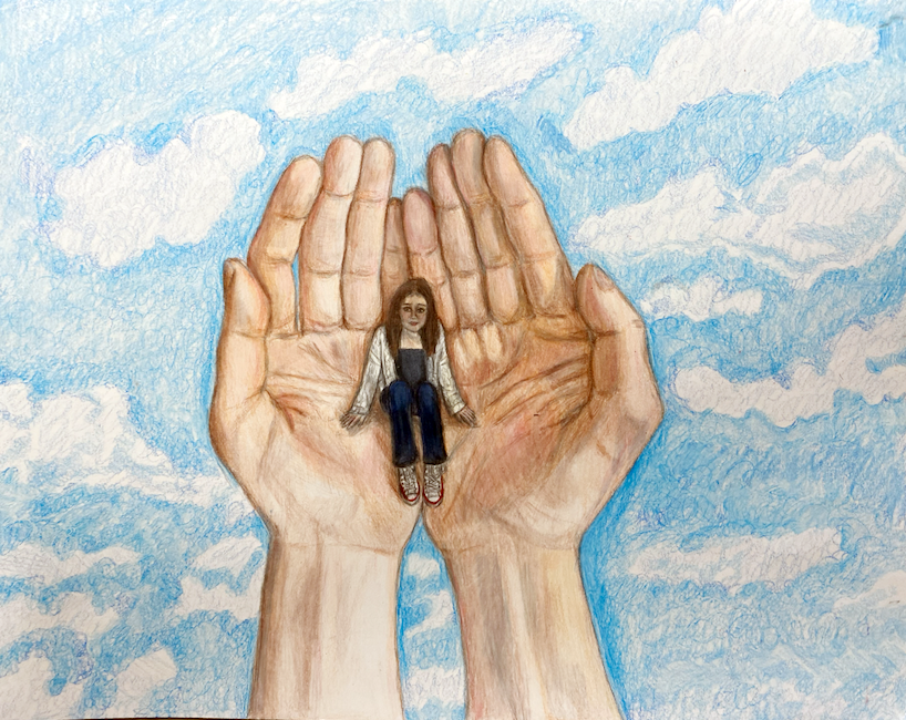 Pencil Artwork: A miniature person sitting in someone's hands. Blue sky background. 