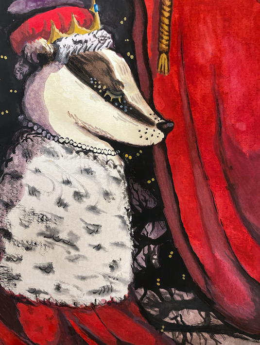 Artwork: An animal with a queen's outfit with a red curtain in the background and yellow eyes and trees in the background too. 