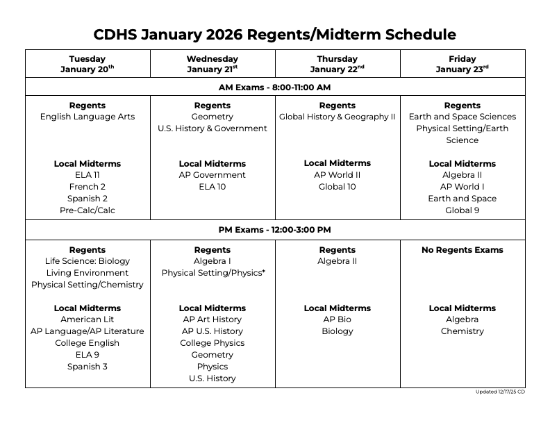 Midterm/Regents Schedule January 2026