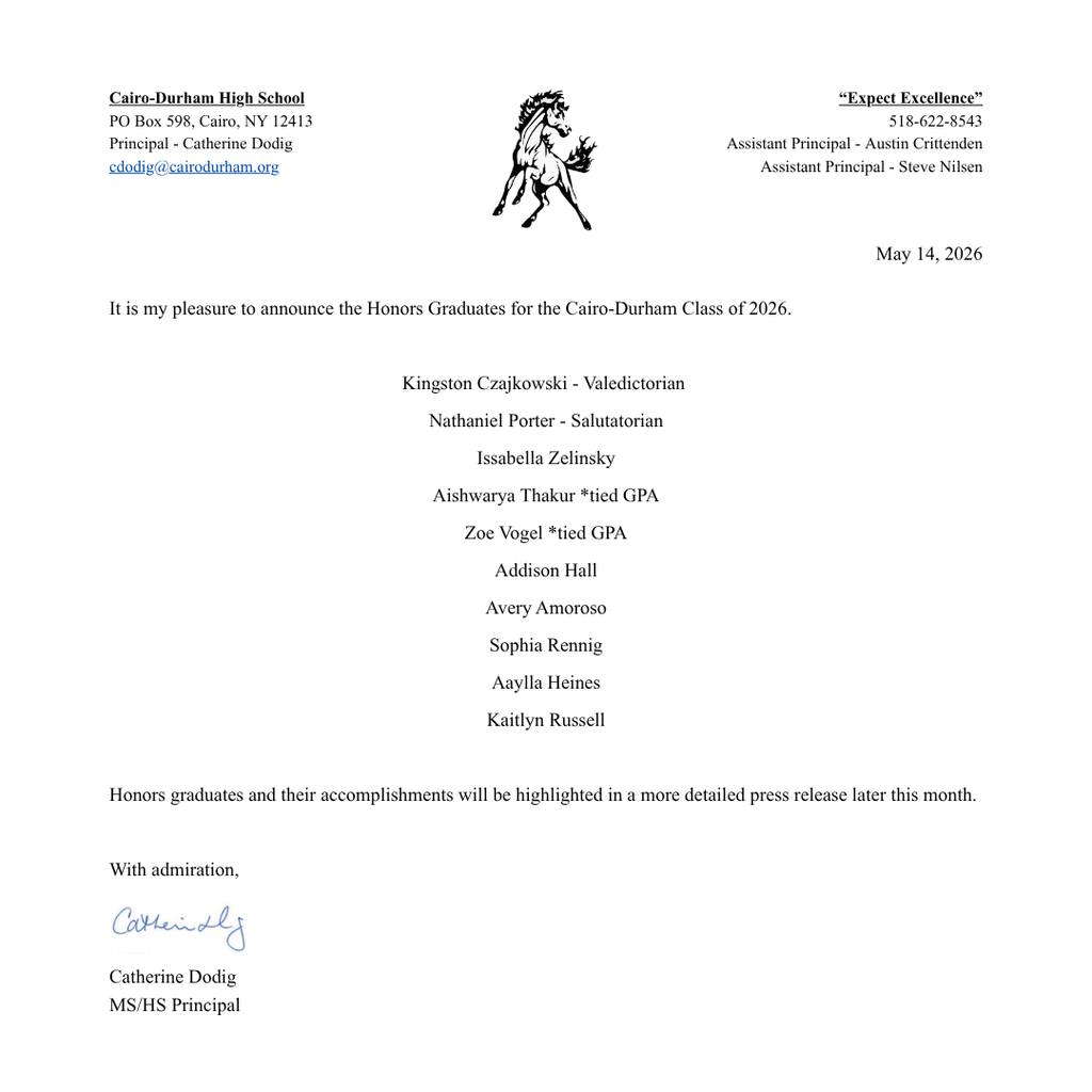 Cairo-Durham High School Announces Class of 2026 Honors Graduates