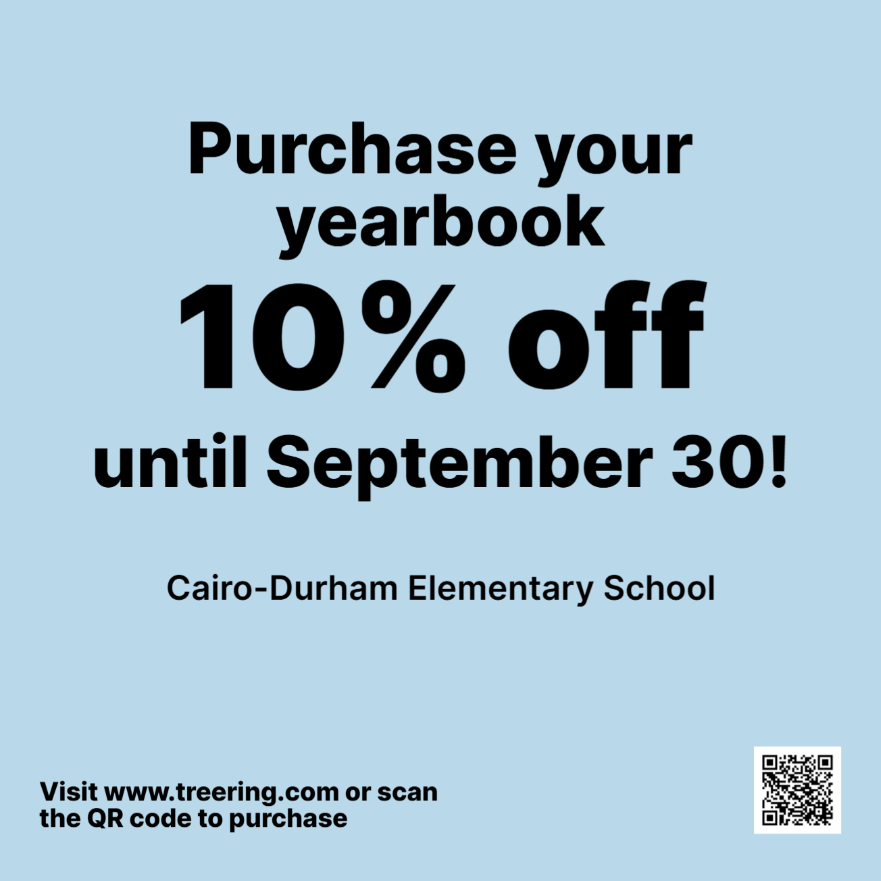 Text: Purchase your yearbook 10% off until September 30! Cairo-Durham Elementary School. Visit www.treering.com or scan the QR code to purchase.