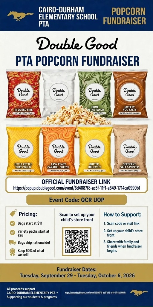 Elementary School PTA Double Good Popcorn Fundraiser 09/29-10/06