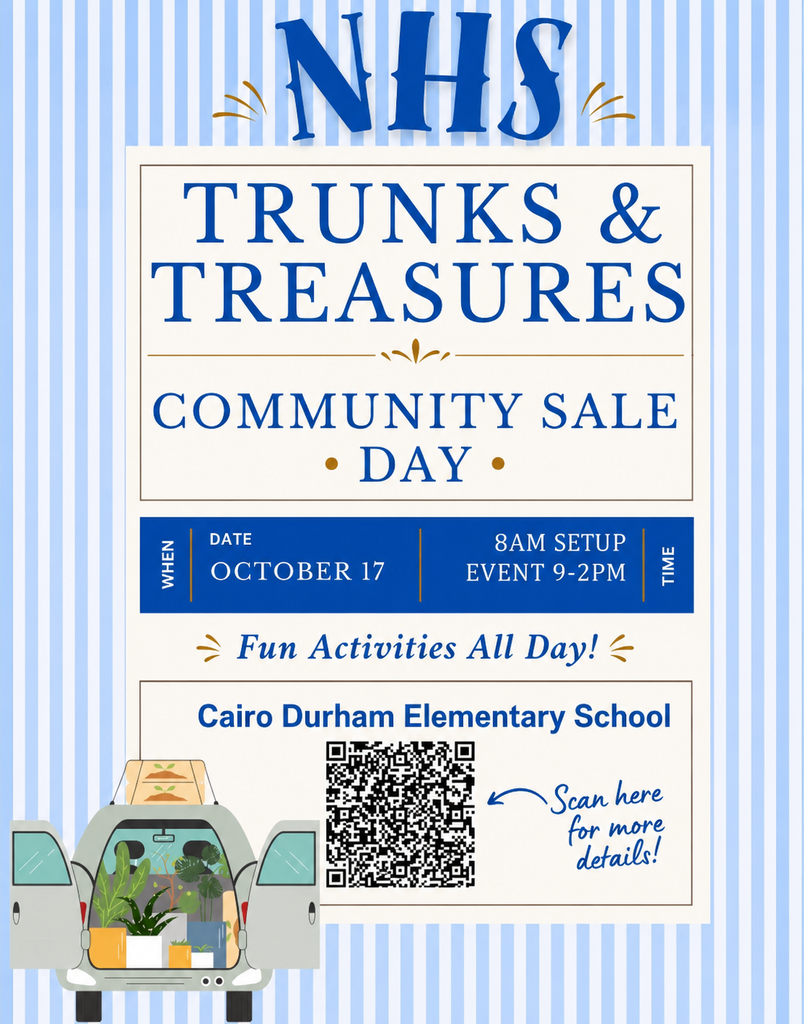 NHS Trunks and Treasures: Community Sale Day October 17 from 9am to 2pm. Scan the QR code if interested in participating.