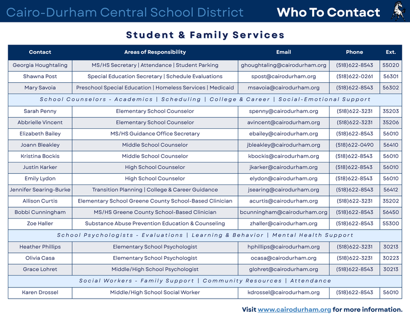 Who To Contact Student and Family Services Cairo-Durham CSD