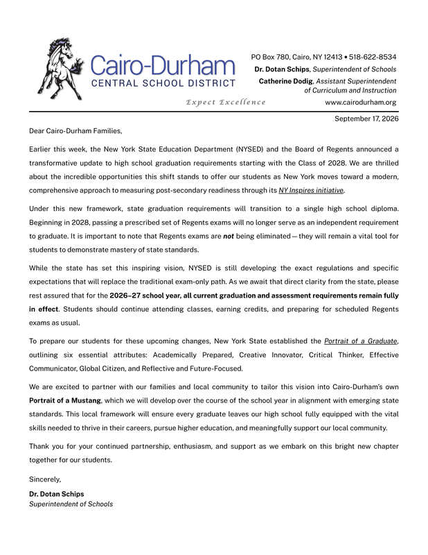 NYS Graduation Requirements Update - Letter