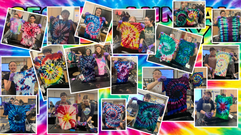 Collage of students sporting the tie dye t-shirts they made or holding up the t-shirt they dyed. 