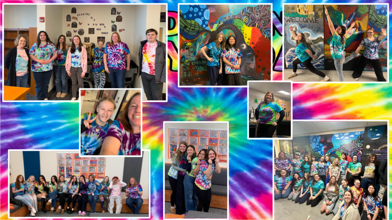Collage of students sporting the tie dye t-shirts they made .