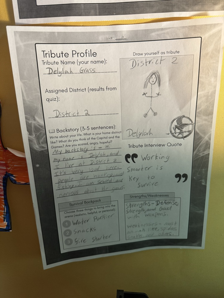 Block 2 ELA are reading the Hunger Games. They took a quiz to find out which district they belong in. Then they created their own Tribute profiles. 