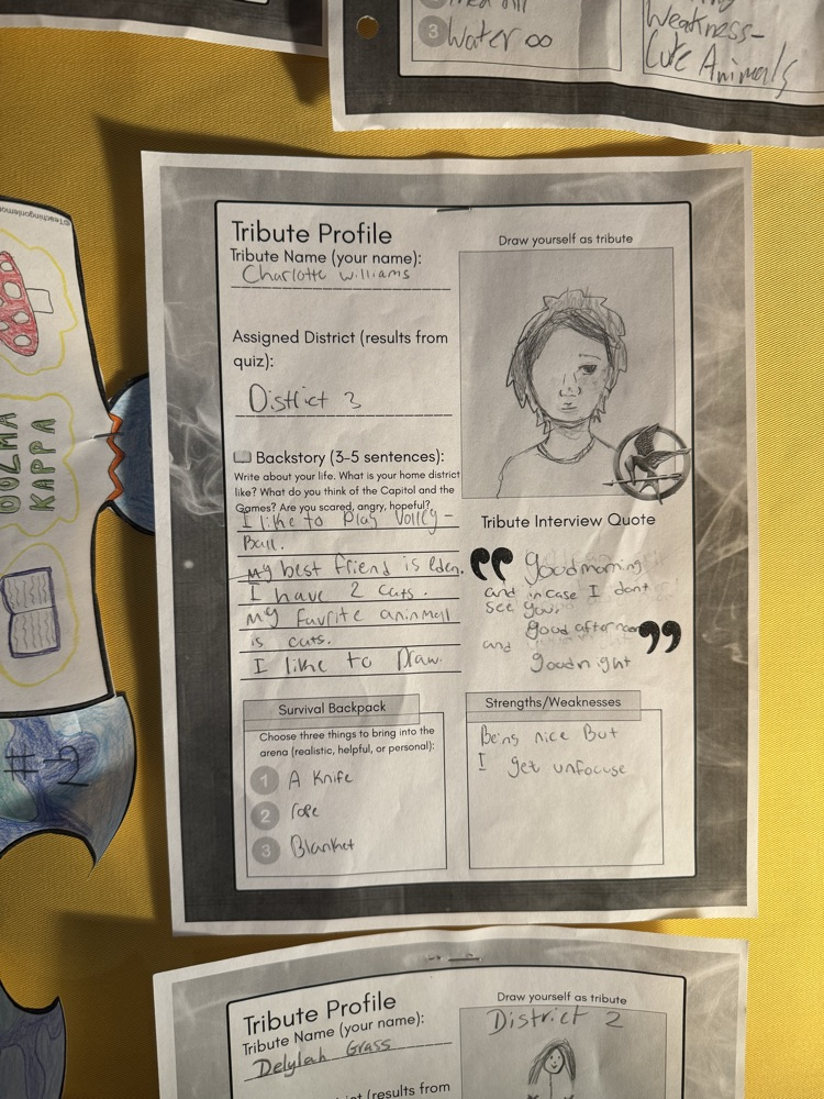 Block 2 ELA are reading the Hunger Games. They took a quiz to find out which district they belong in. Then they created their own Tribute profiles. 