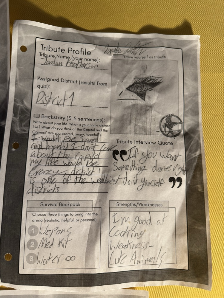 Block 2 ELA are reading the Hunger Games. They took a quiz to find out which district they belong in. Then they created their own Tribute profiles. 