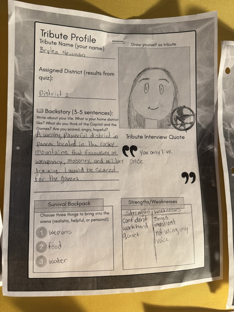 Block 2 ELA are reading the Hunger Games. They took a quiz to find out which district they belong in. Then they created their own Tribute profiles. 
