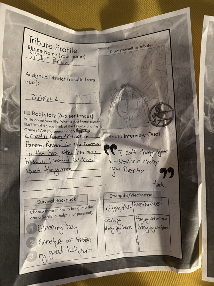 Block 2 ELA are reading the Hunger Games. They took a quiz to find out which district they belong in. Then they created their own Tribute profiles. 