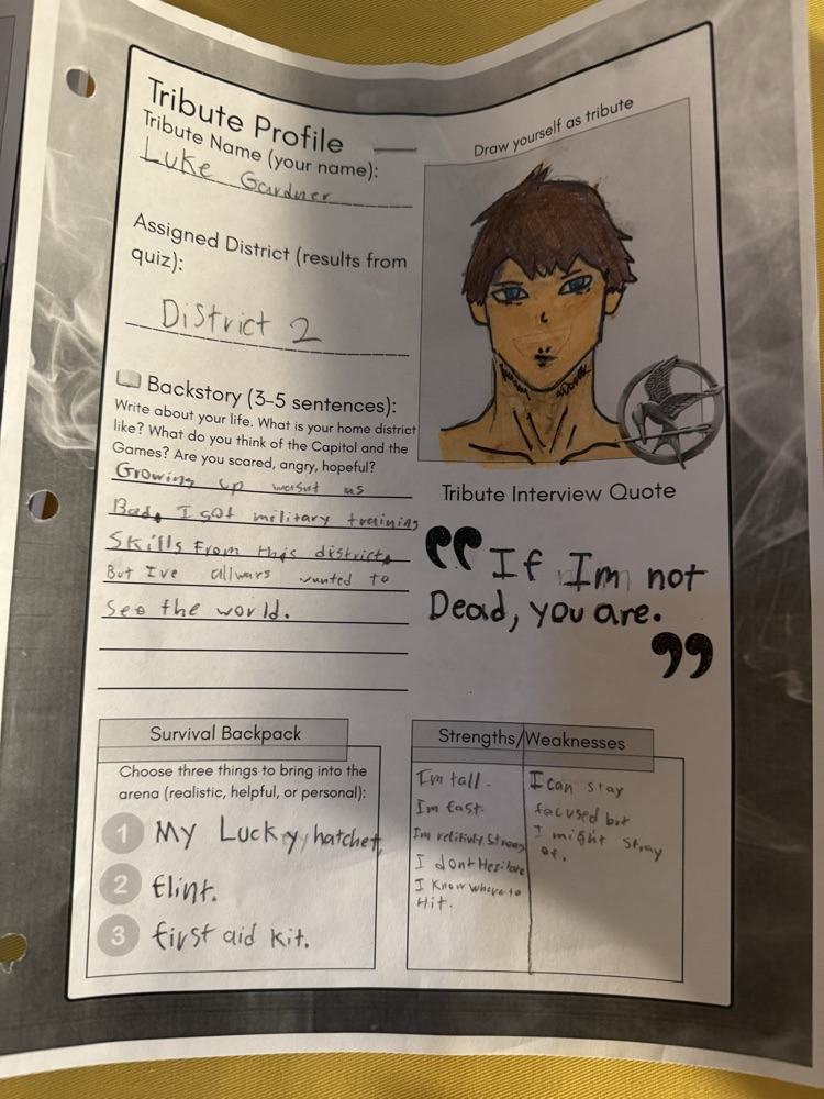Block 2 ELA are reading the Hunger Games. They took a quiz to find out which district they belong in. Then they created their own Tribute profiles. 
