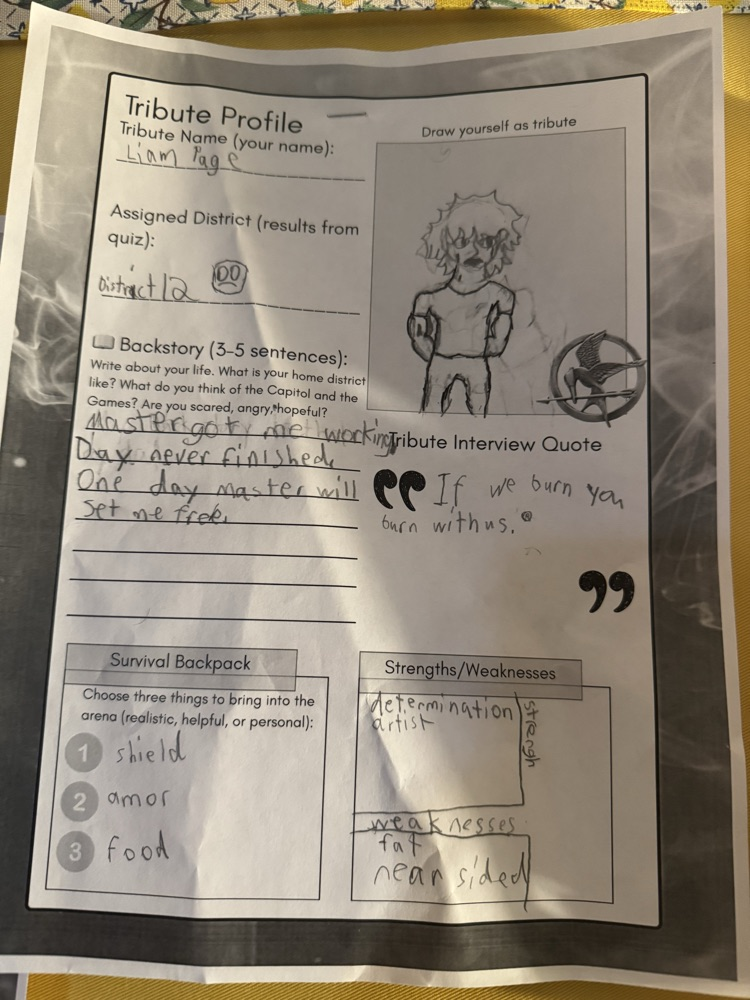 Block 2 ELA are reading the Hunger Games. They took a quiz to find out which district they belong in. Then they created their own Tribute profiles. 