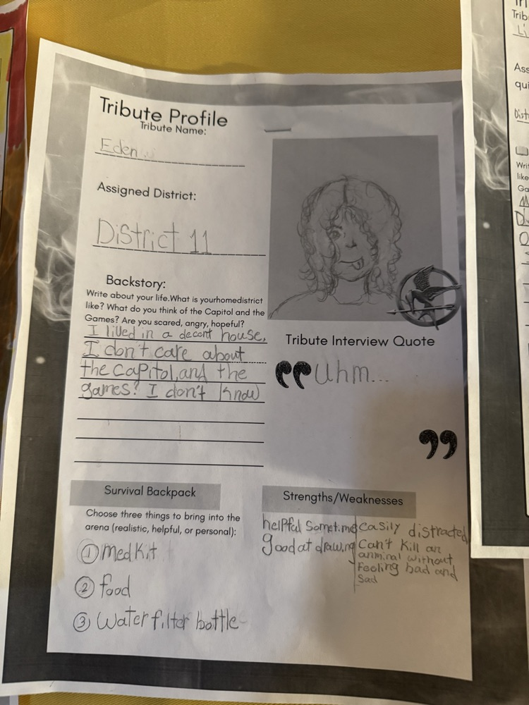 Block 2 ELA are reading the Hunger Games. They took a quiz to find out which district they belong in. Then they created their own Tribute profiles. 