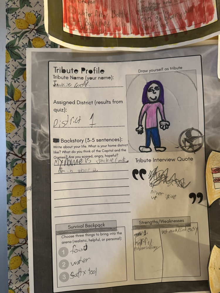 Block 2 ELA are reading the Hunger Games. They took a quiz to find out which district they belong in. Then they created their own Tribute profiles. 