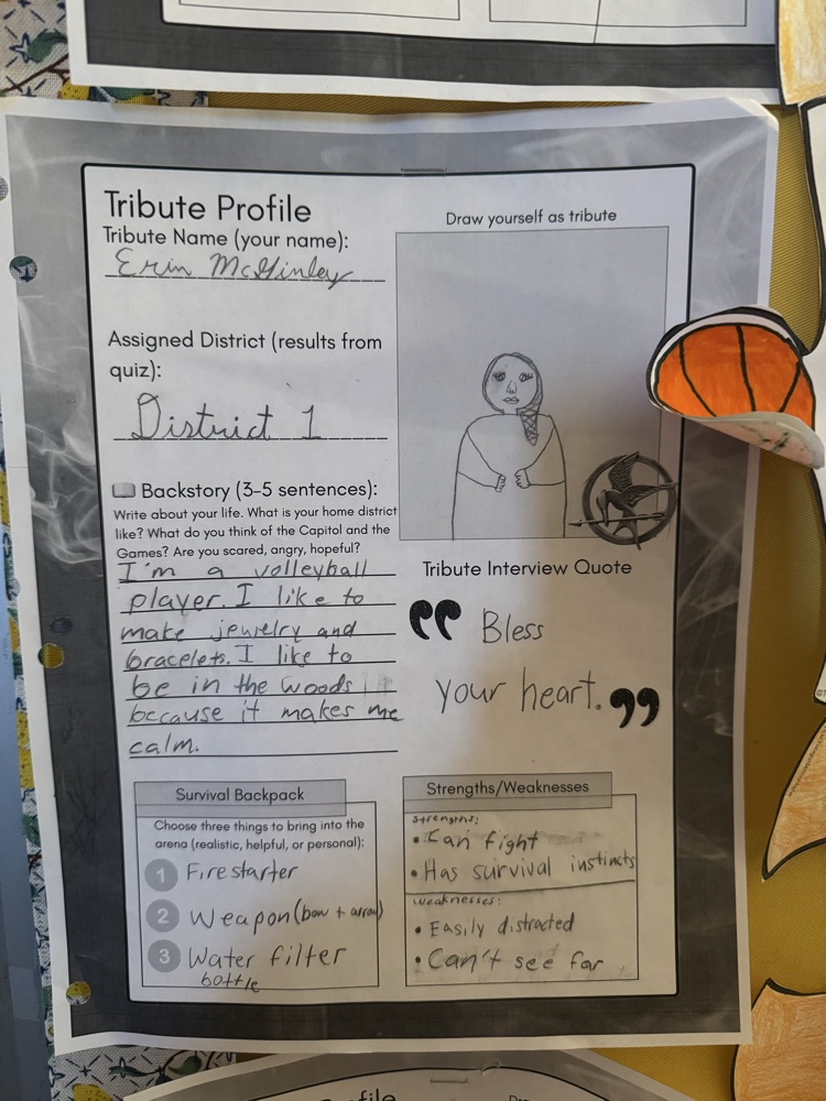 Block 2 ELA are reading the Hunger Games. They took a quiz to find out which district they belong in. Then they created their own Tribute profiles. 