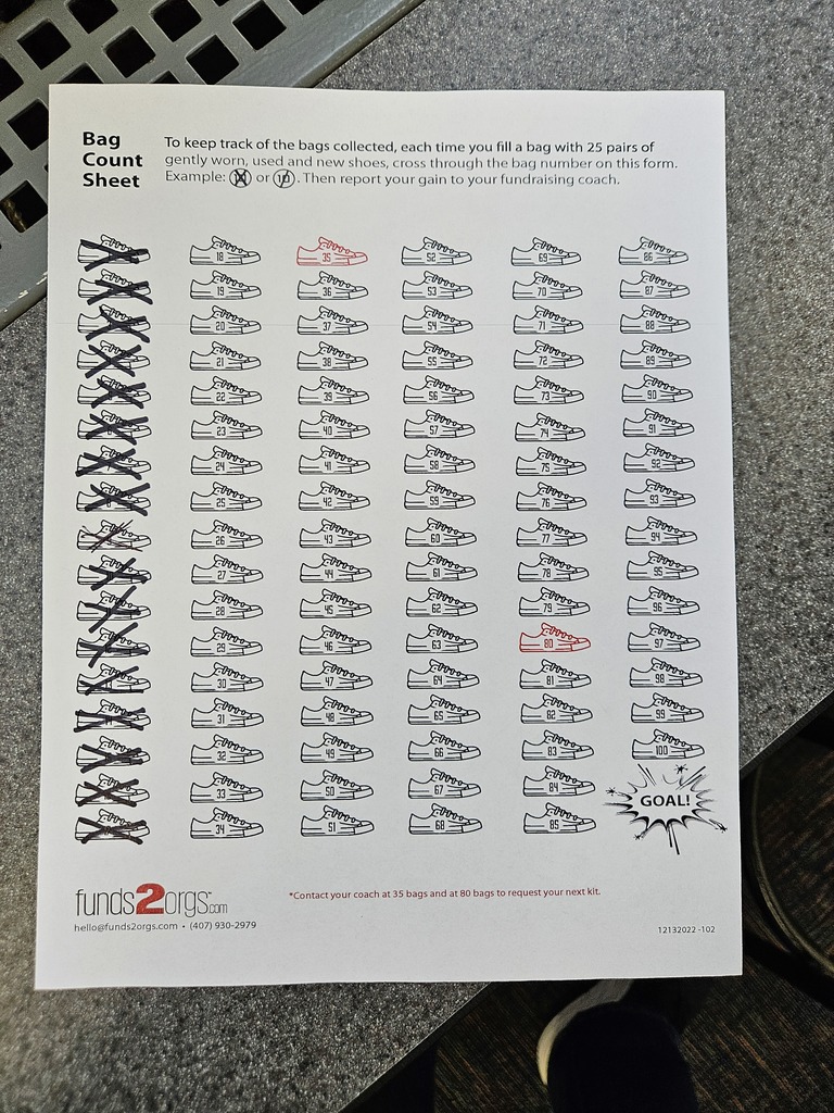 to keep track of donations each time you fill a bag of 25 shoes mark off a shoe
