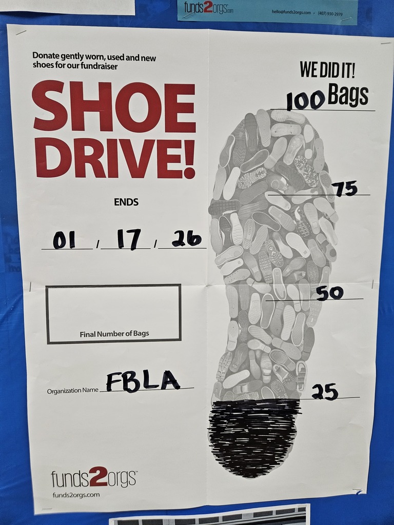 Donate gently worn, new or used shoes to our fundraiswer. FBLA funds2orgs ends 1/17/26