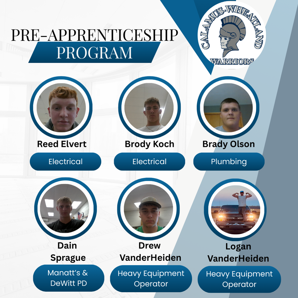 Pre Apprentice Reed Elvert Electrical Brody Koch Electrical Brady Olson Plumbing Dain Sprague Manatt's & DeWitt PD Drew VanderHeiden Heavy Equipment Logan VanderHeiden Heavy Equipmtn