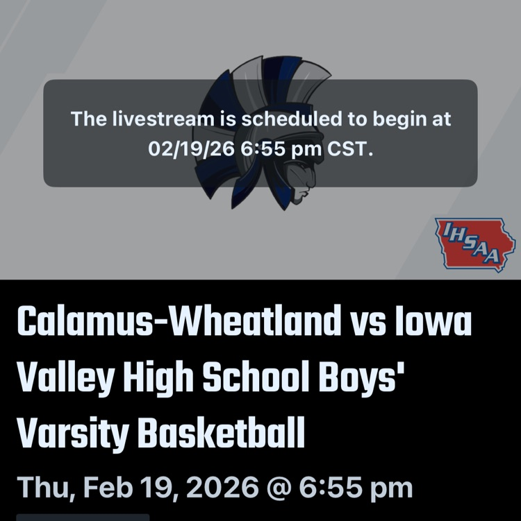 calamus Wheatland versus Iowa Valley high school boys varsity basketball Thursday, February 19, 2026 7:00 PM (home) Kalamazoo Wheatland versus Iowa Valley
