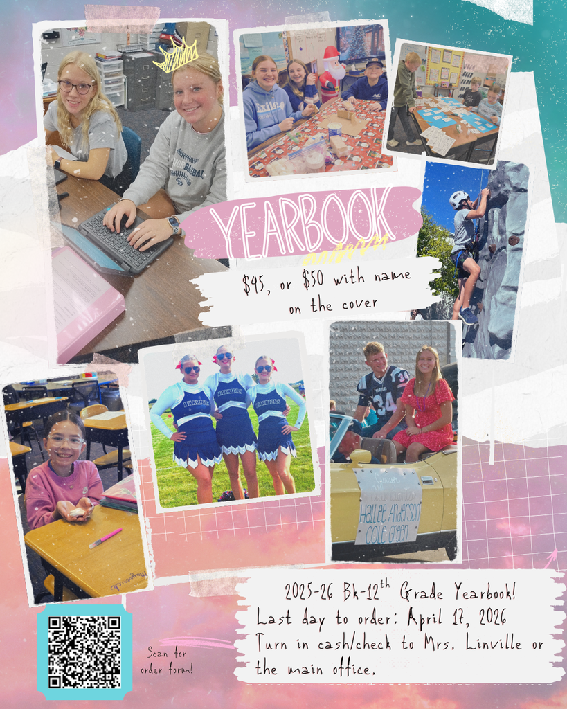 yearboodk $45 or $50 with name on  the cover 2025-26 bk-12th grade yearbook last day to order april 17 2026 turn in cash/check to mrs. linville or the main ofice scan for order form