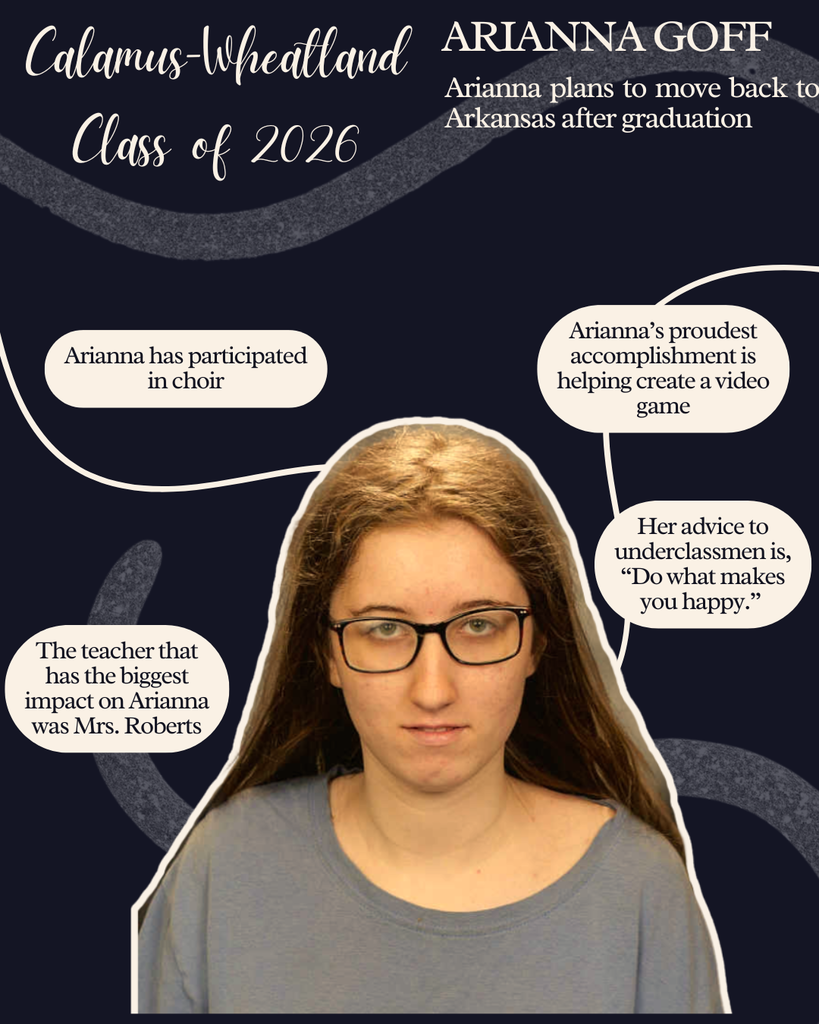 Arianna Goff. Arianna plans to move back to Arkansas after graduation. Arianna has participated in choir. Arianna's proudest accomplishment is helping create a video game. The teacher that has the biggest impact on Arianna was Ms. Roberts. Her advice to underclassmen is, "Do what makes you happy."