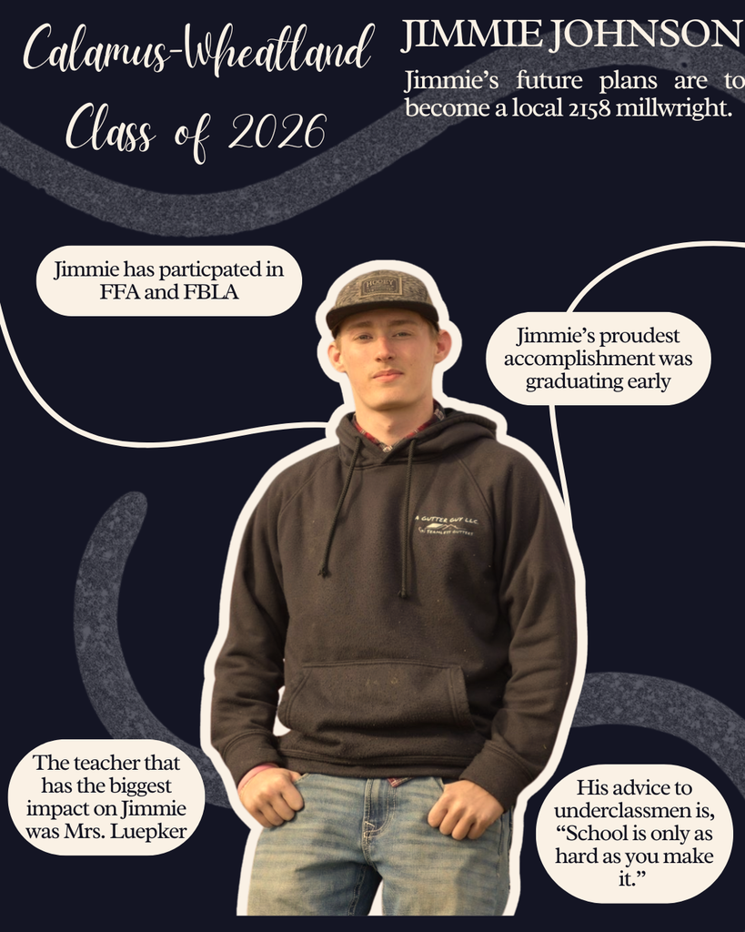 Jimmie Johnson. Jimmie's future plans are to become a local 2158 millwright. Jimmie has participated in FFA and FBLA. Jimmie's proudest accomplishment is graduating early. The teacher that has the biggest impact on Jimmie was Mrs. Luepker. His advice to underclassmen is, "School is only as hard as you make it."