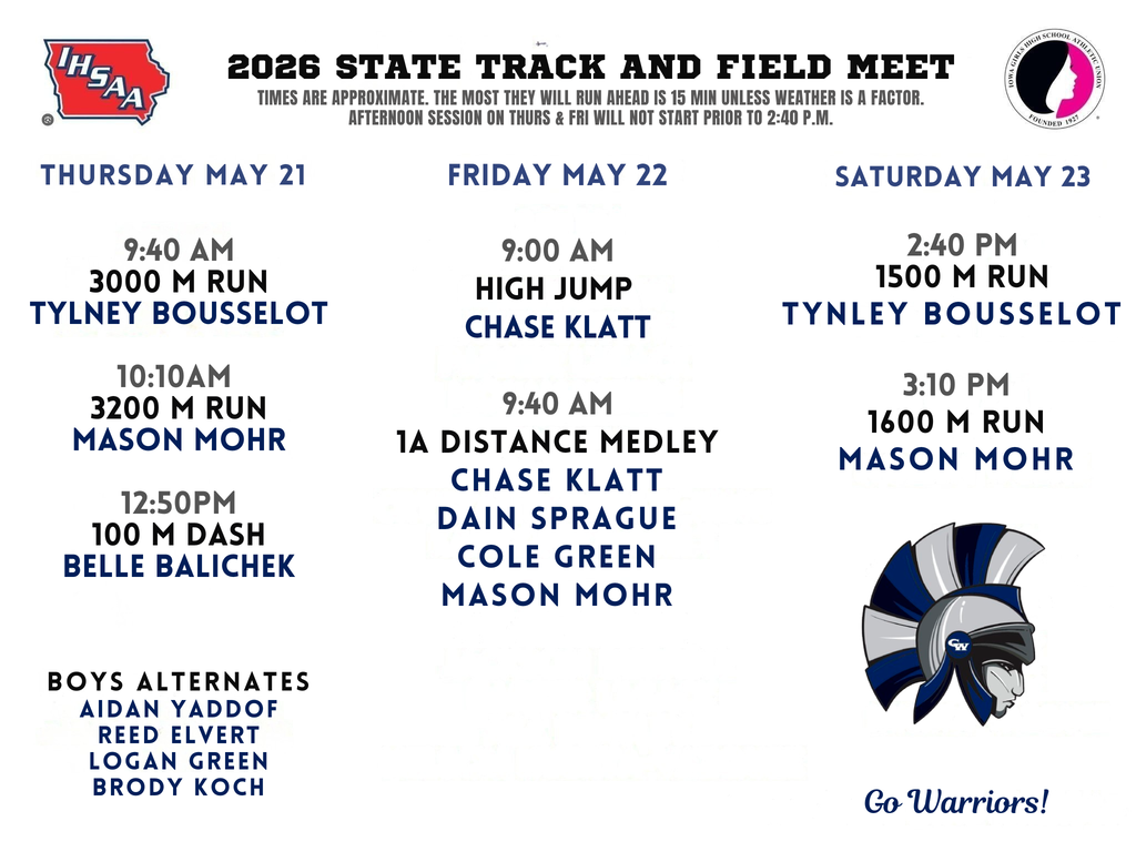 2026 STATE TRACK AND FIELD MEET TIMES ARE APPROXIMATE. THE MOST THEY WILL RUN AHEAD IS 15 MIN UNLESS WEATHER IS A FACTOR. AFTERNOON SESSION ON THURS & FRI WILL NOT START PRIOR TO 240 P.M. thursday may 21 9:40am 3000m run tylney bousselot 10:10am 3200m run mason mohr 12:50pm 100m dash belle balichek friday may22 9:00am high jump chase klatt 9:40am 1a distance medley chase klatt dain sprague cole green mason mohr saturday may 23 2:40pm 1500m run tyley bousselot 3:10pm 1600m run mason mohr boys alternates aidan yaddof reed elvert logan green brody koch go warriors
