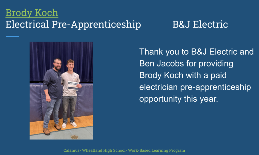 Thank you to B&J Electric and Ben Jacobs for providing BK with a paid electrician per-apprenticeship opportunity this year.